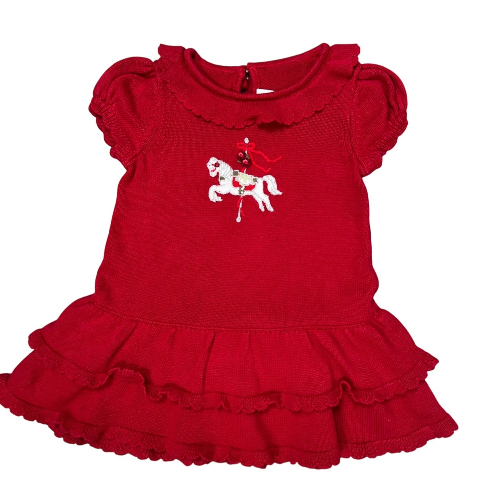 Janie & Jack Kids Red‎ Holiday Carousel Horse Knit Sweater Dress 6-12 Months
